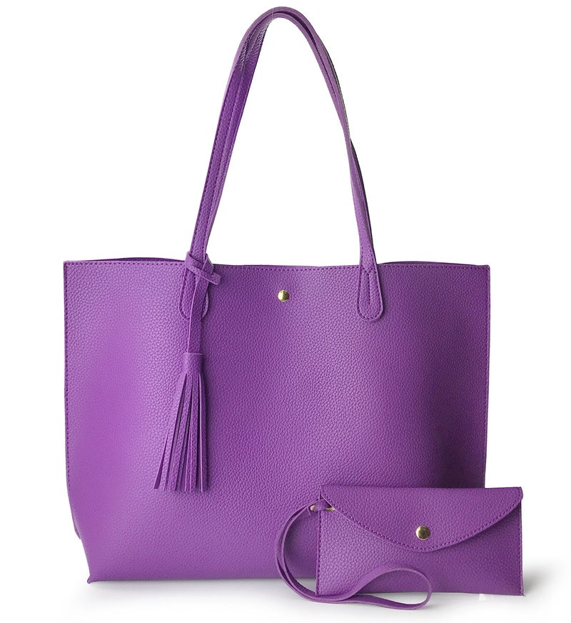 Hoxis Minimalist Clean Cut Pebbled Faux Leather Tote Womens Shoulder Handbag (Violet) Medium - Image 1